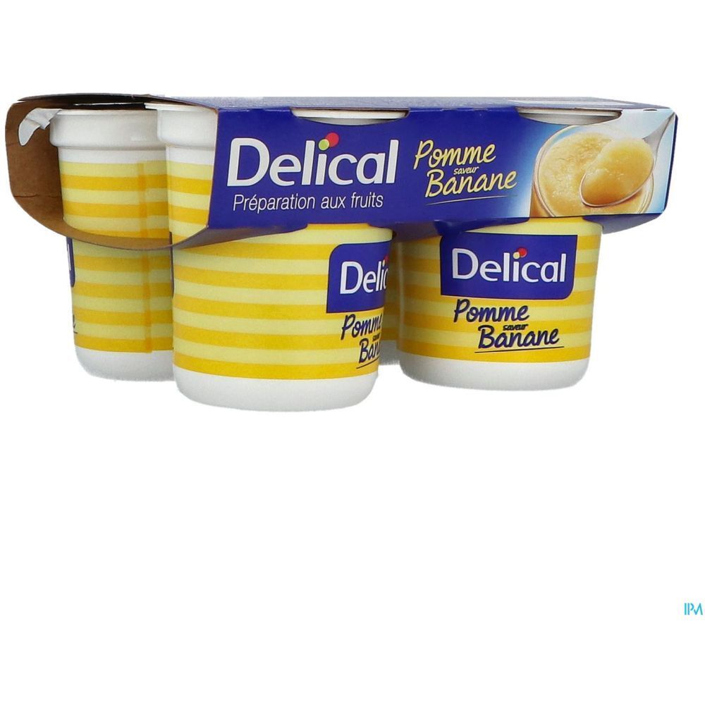 Emballage de quatre pots. Inscription Delical, Pomme saveur Banane. Pots rayés jaune et blanc, emballage bleu.
