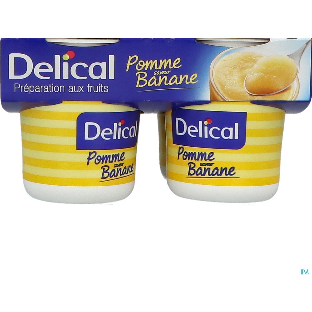 Emballage de quatre pots. Inscription Delical, Pomme saveur Banane. Pots rayés jaune et blanc, emballage bleu.