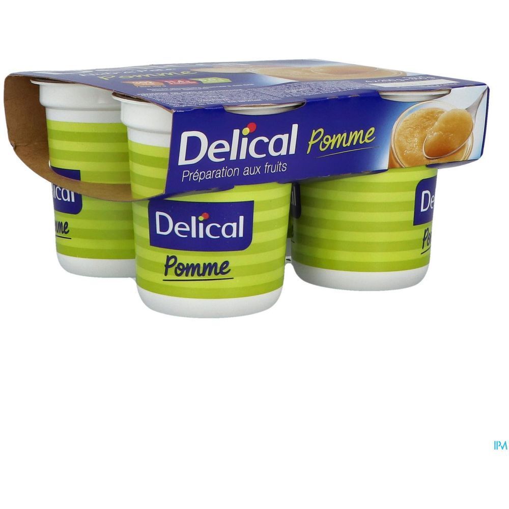 Pack de quatre pots Delical Pomme. Emballage bleu avec nom du produit et illustration de compote de pommes.