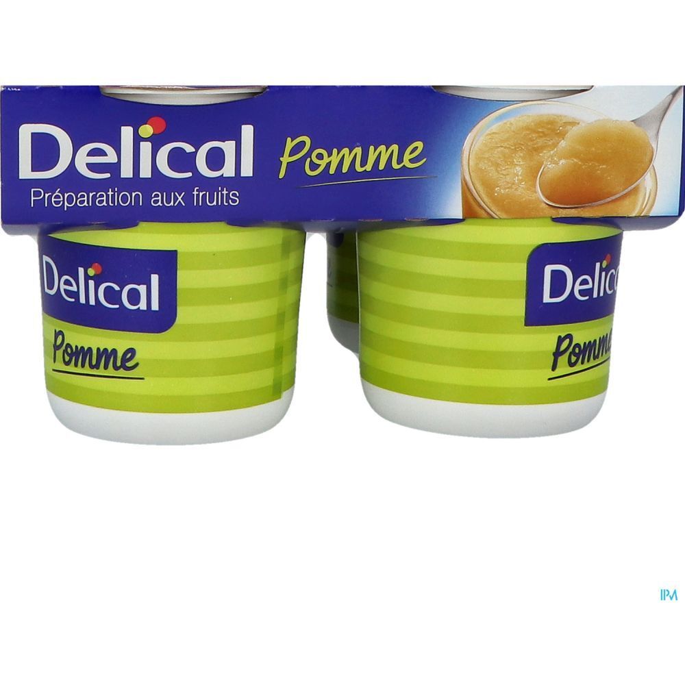 Pack de quatre pots Delical Pomme. Emballage bleu avec nom du produit et illustration de compote de pommes.