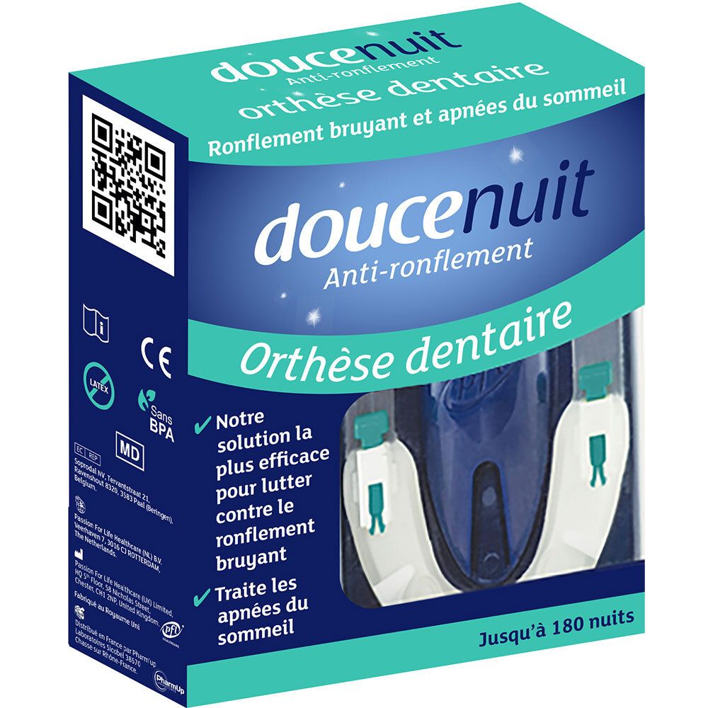 Boîte de l'orthèse dentaire anti-ronflement DOUCENUIT. Visible : produit, nom de marque, texte, QR code, certifications.