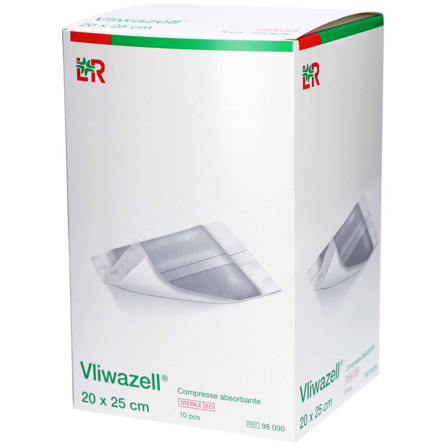 Boîte de Vliwazell Compresse absorbante. Image du produit, logo et informations. Dimensions : 20 x 25 cm.