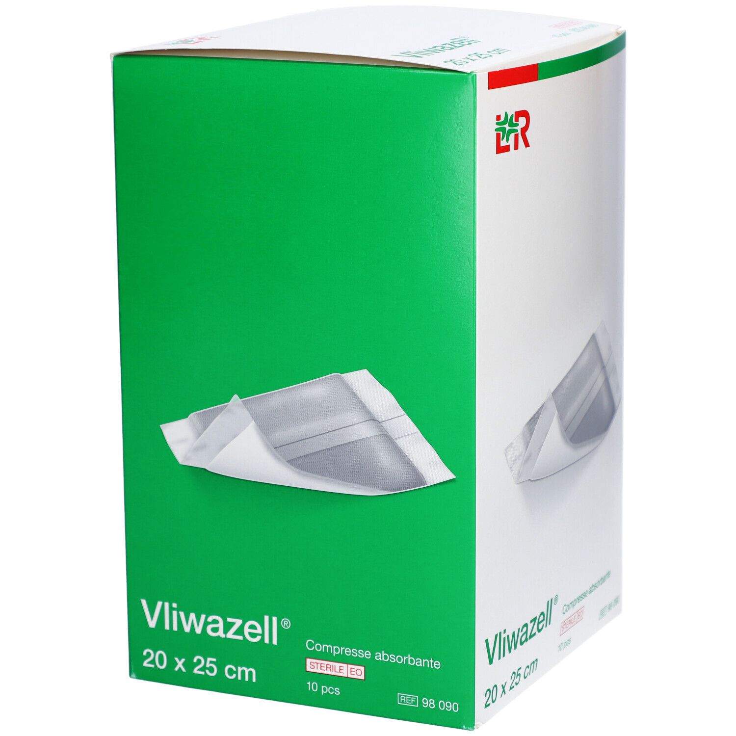 Boîte verte de Vliwazell Compresse absorbante. Image du produit, logo et informations. Dimensions : 20 x 25 cm.