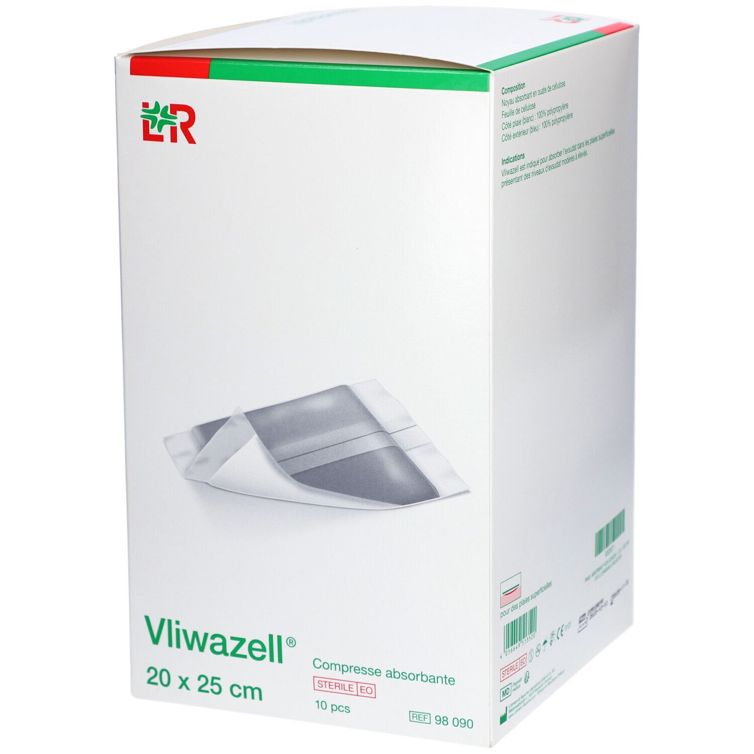 Boîte de Vliwazell Compresse absorbante. Image du produit, logo et informations. Dimensions : 20 x 25 cm.