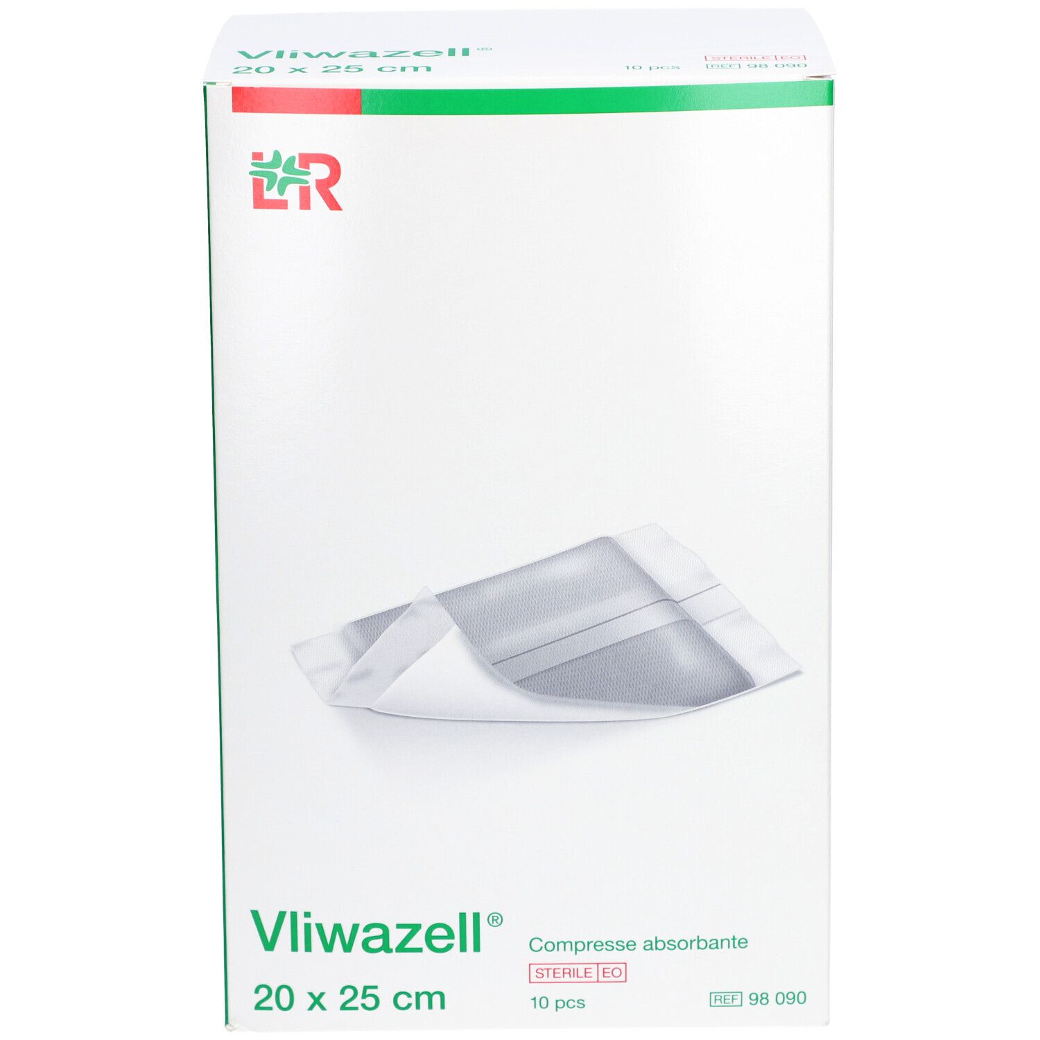 Boîte de Vliwazell Compresse absorbante. Image du produit, logo et informations. Dimensions : 20 x 25 cm.