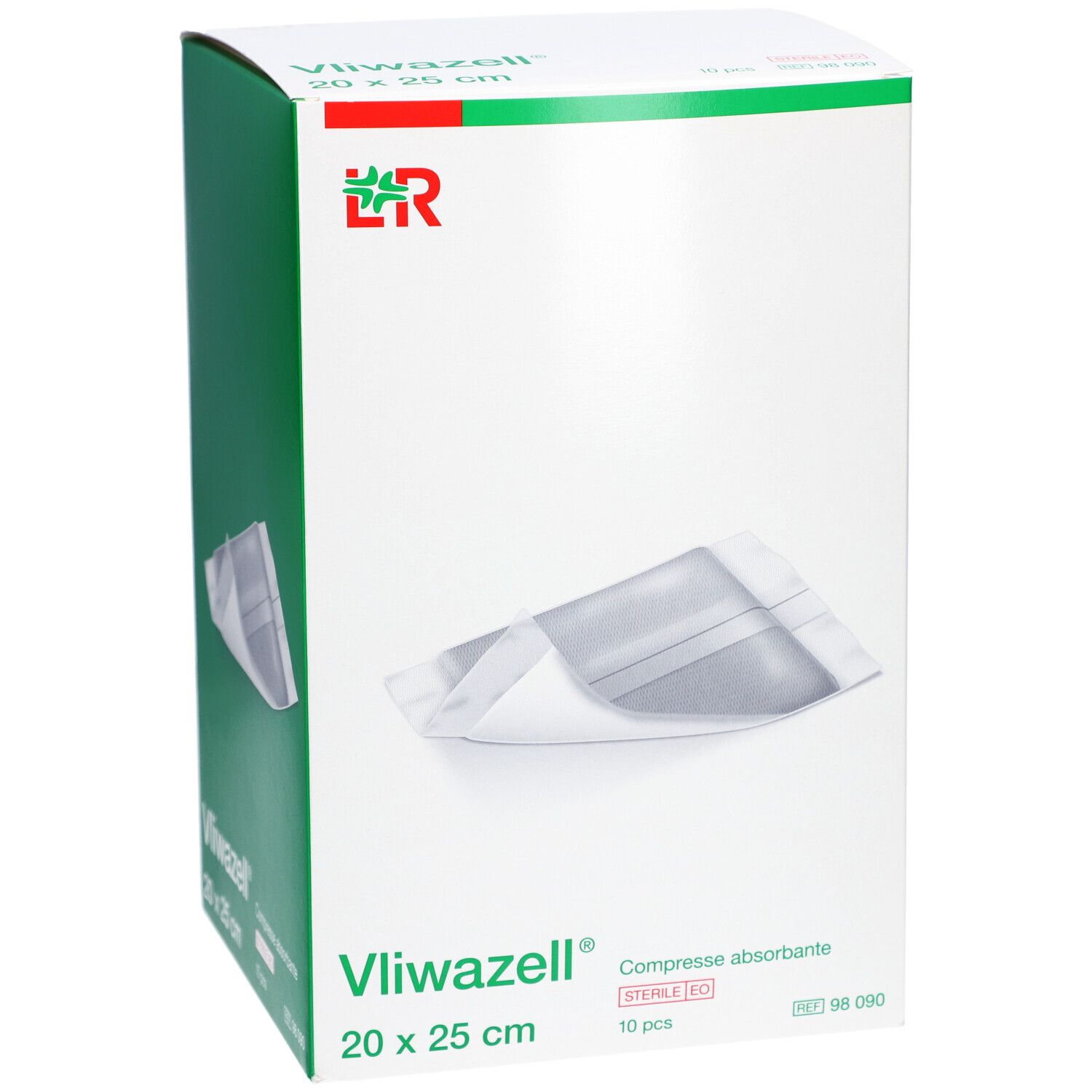 Boîte de Vliwazell Compresse absorbante. Image du produit, logo et informations. Dimensions : 20 x 25 cm.