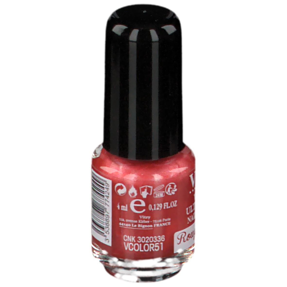 Flacon de vernis à ongles rouge. Bouchon noir. Inscription: Vitry, Vernis, Rouge Passion, 4 ml.