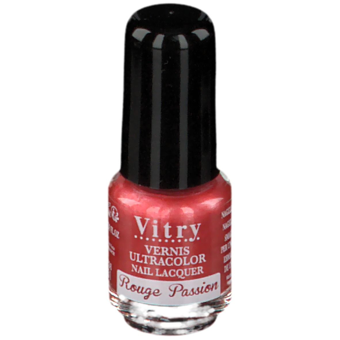 Flacon de vernis à ongles rouge. Bouchon noir. Inscription: Vitry, 4 ml, VCOLOR51, Rouge Passion.