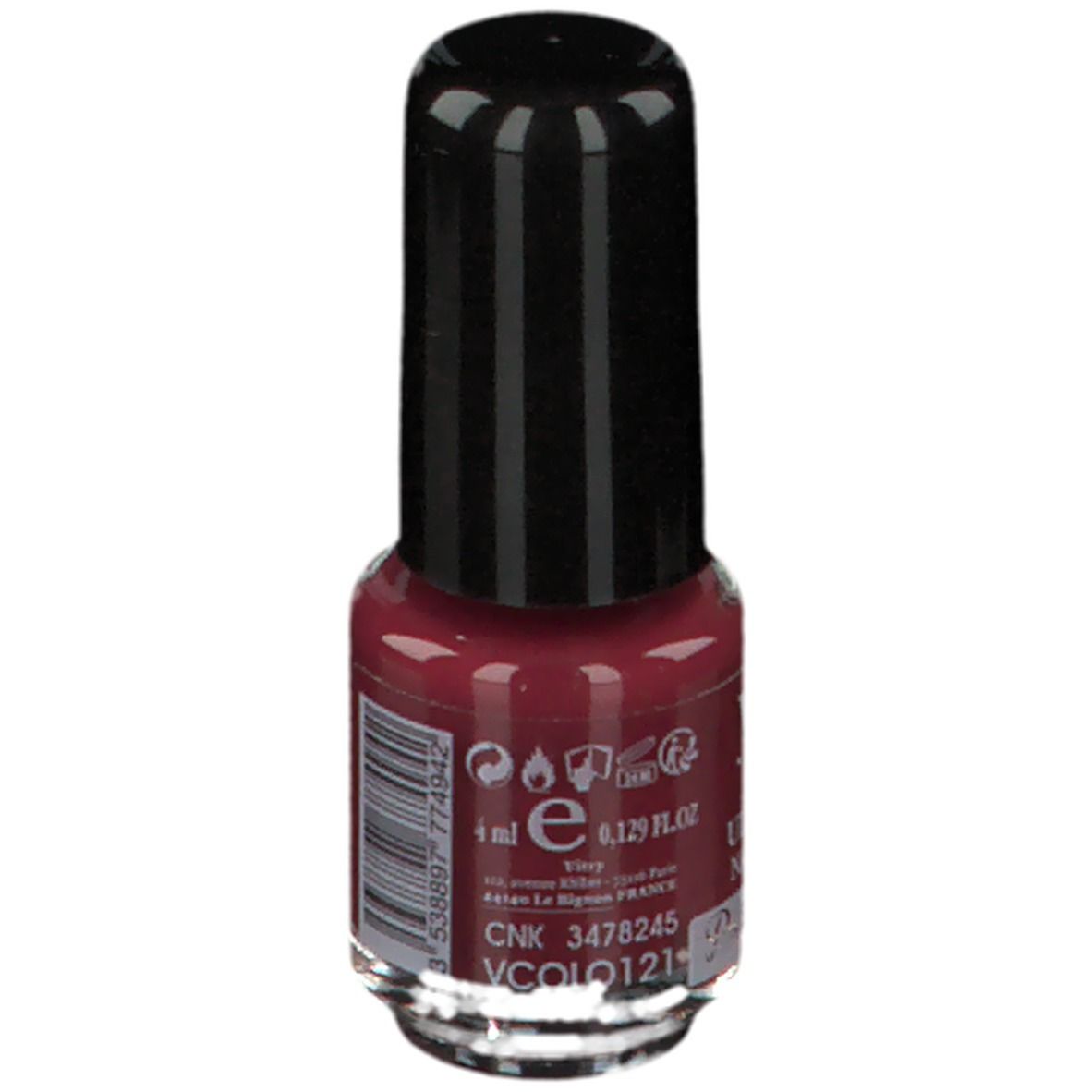 Flacon de vernis à ongles Vitry, bouchon noir. Inscription: Vernis à Ongles, Nail Polish, Prêt-à-Porter. 4 ml. Contenu rouge visible.