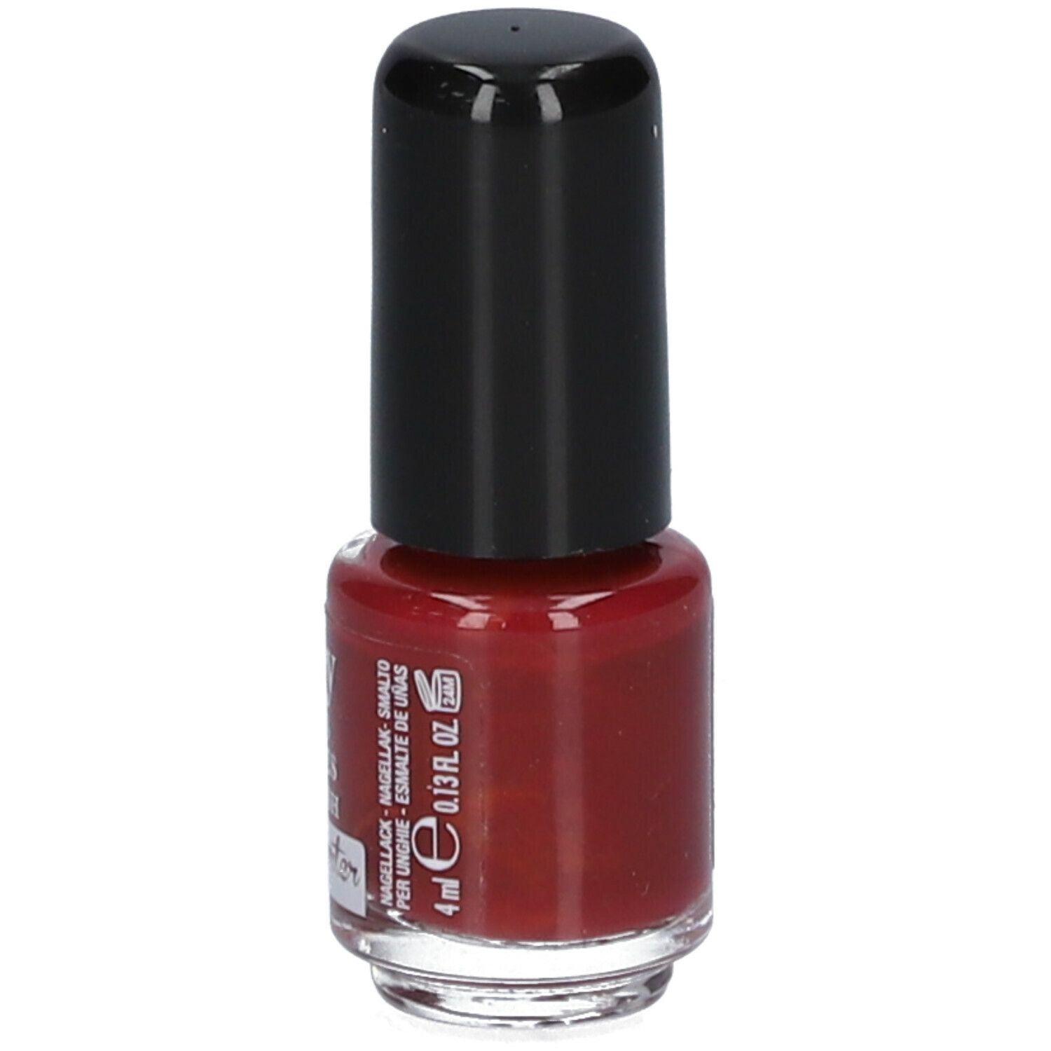 Flacon de vernis à ongles, bouchon noir. Inscription: 4 ml, 0.13 fl. oz. Contenu rouge visible.