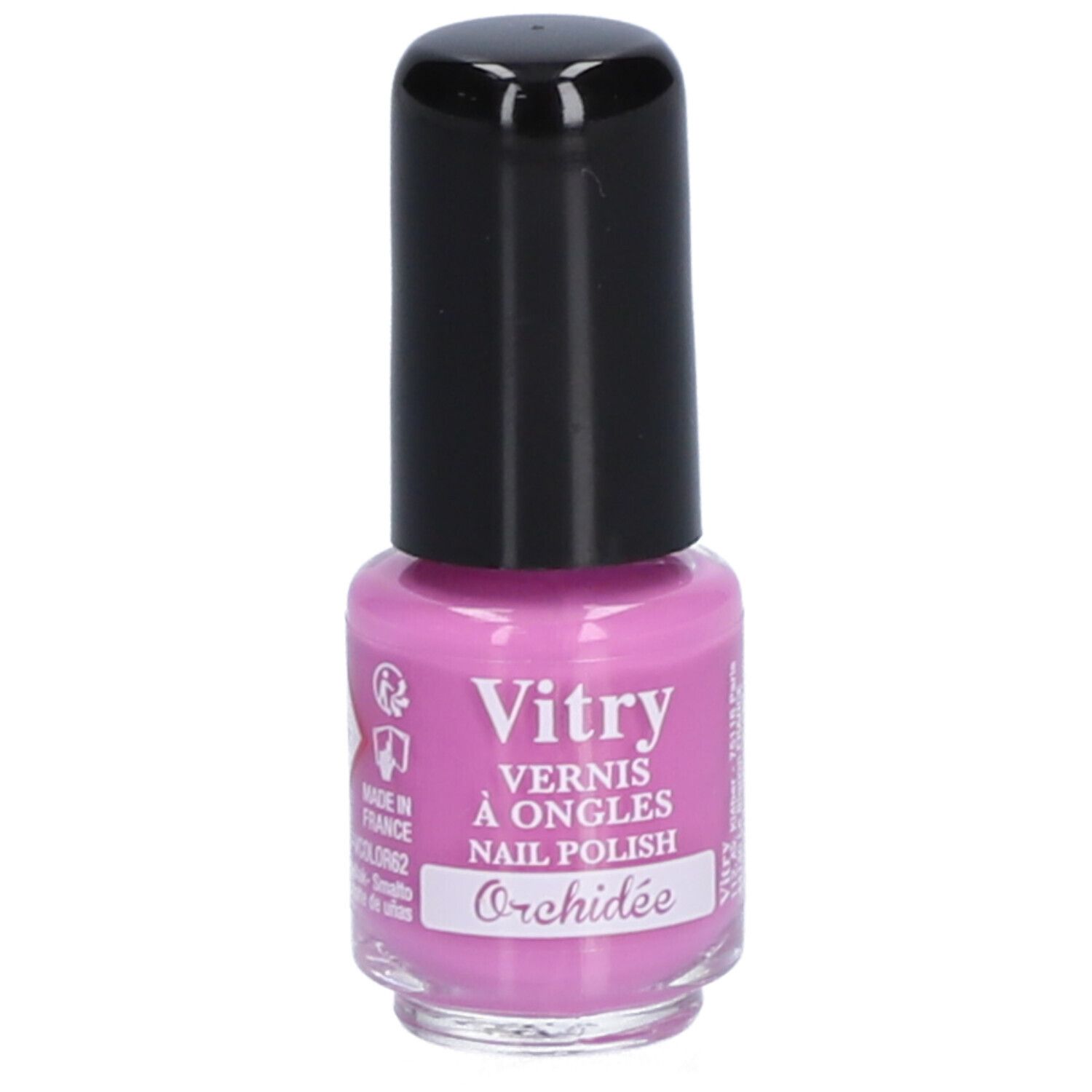 Flacon de vernis à ongles avec bouchon noir. Vernis rose, étiquette avec texte Vitry, Orchidée. Inscriptions françaises.