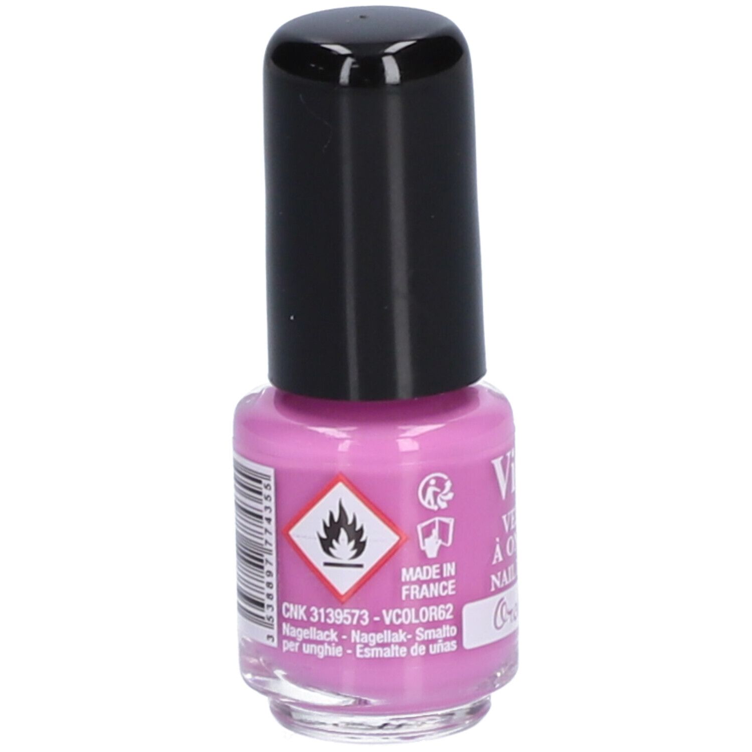 Flacon de vernis à ongles avec bouchon noir. Vernis rose, étiquette avec texte Vitry, Orchidée. Avertissement et code-barres.