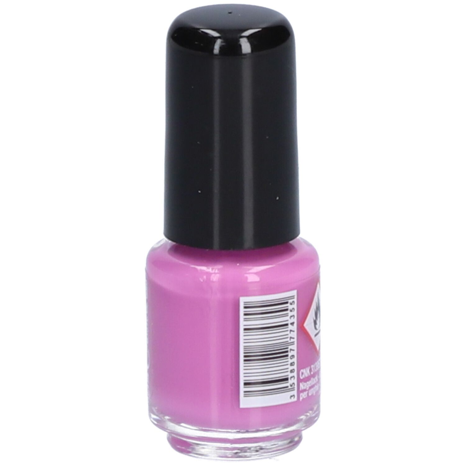Flacon de vernis à ongles avec bouchon noir. Vernis rose, étiquette avec texte Vitry, Orchidée. Code-barres au dos.