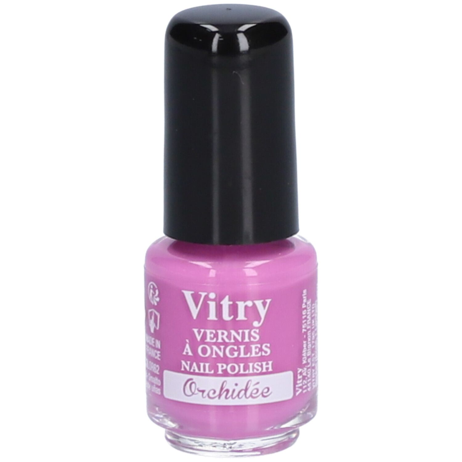 Flacon de vernis à ongles avec bouchon noir. Vernis rose, étiquette avec texte Vitry, Orchidée. Inscriptions françaises.