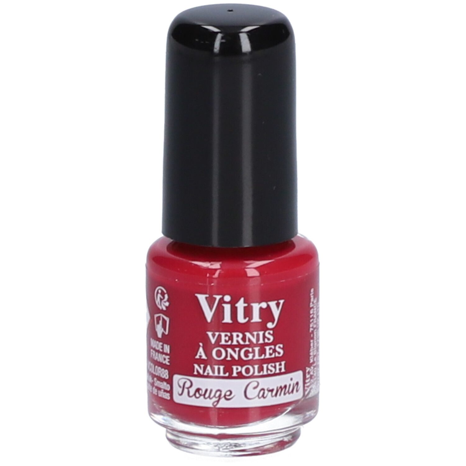 Flacon de vernis à ongles rouge avec bouchon noir. Inscription : Vitry, Vernis à Ongles, Rouge Carmin.