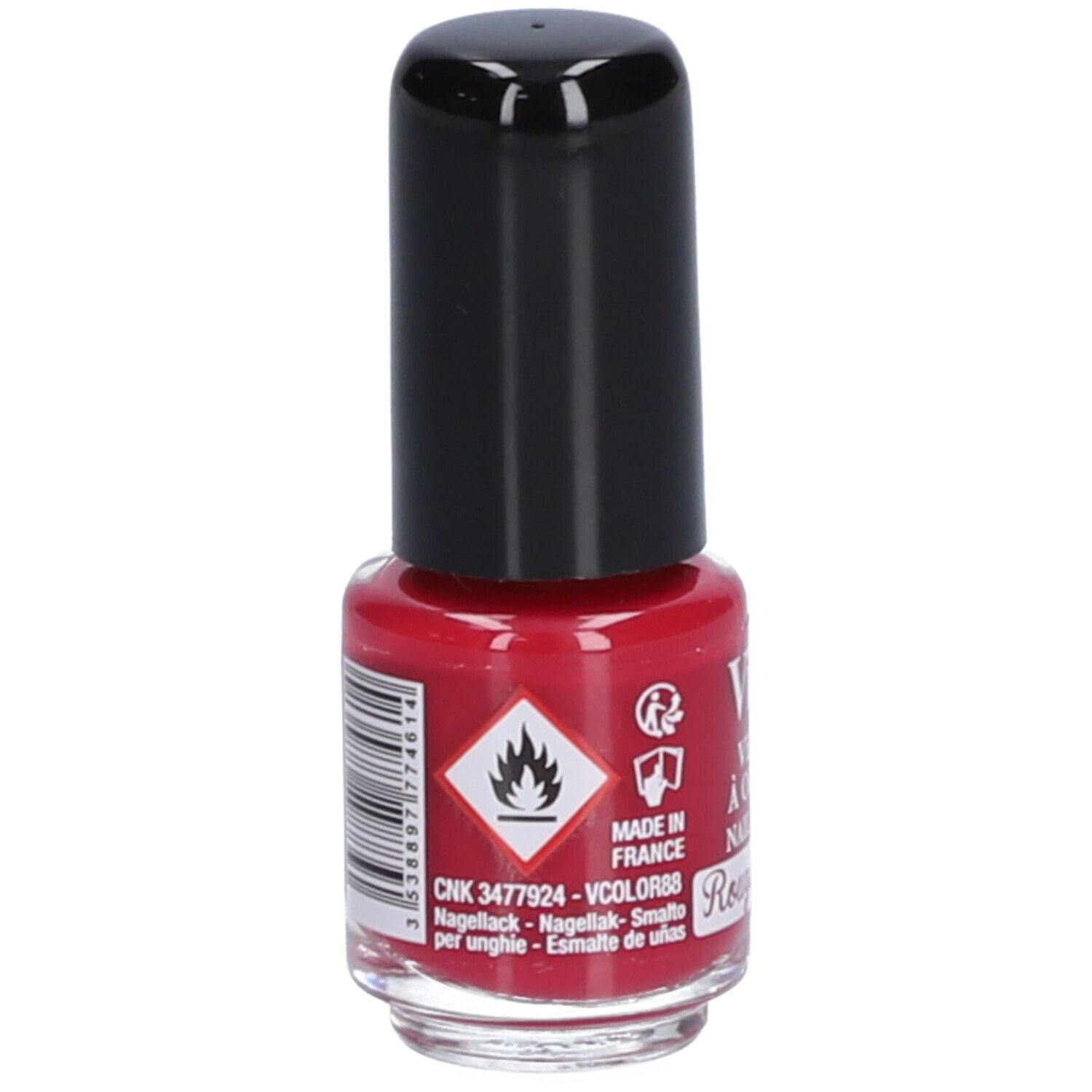 Flacon de vernis à ongles rouge avec bouchon noir. Inscriptions : CNK, symbole de flamme, code-barres, Vitry.