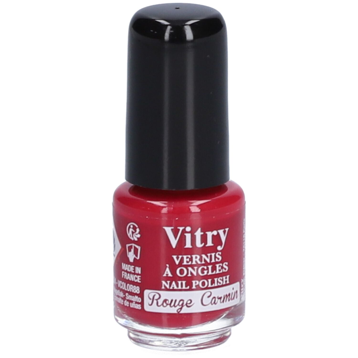 Flacon de vernis à ongles rouge avec bouchon noir. Inscription : Vitry, Vernis à Ongles, Rouge Carmin.