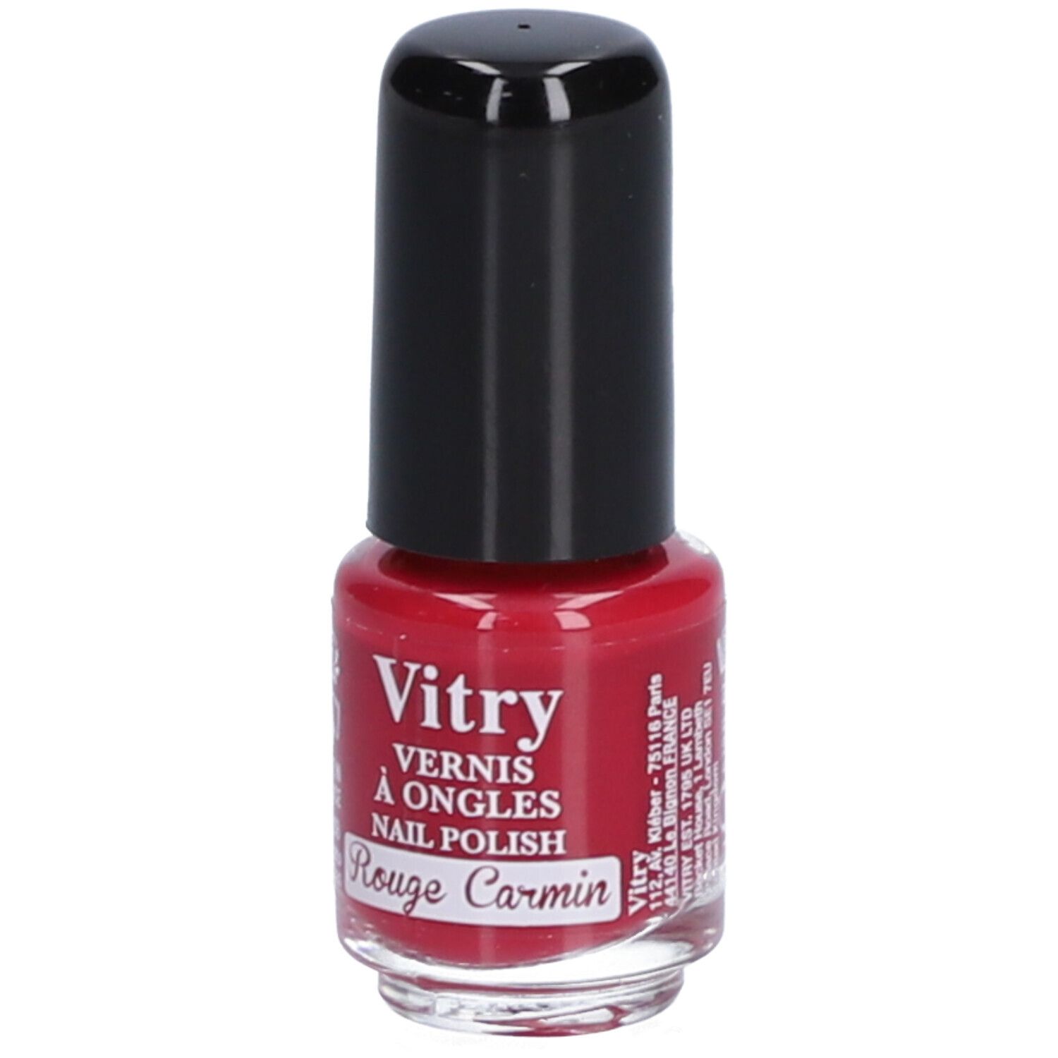 Flacon de vernis à ongles rouge avec bouchon noir. Inscription : Vitry, Vernis à Ongles, Rouge Carmin, adresse.