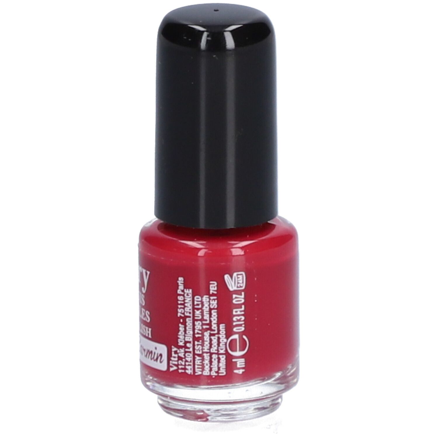 Flacon de vernis à ongles rouge avec bouchon noir. Inscription : Vitry, Vernis à Ongles, Rouge Carmin, 4 ml.