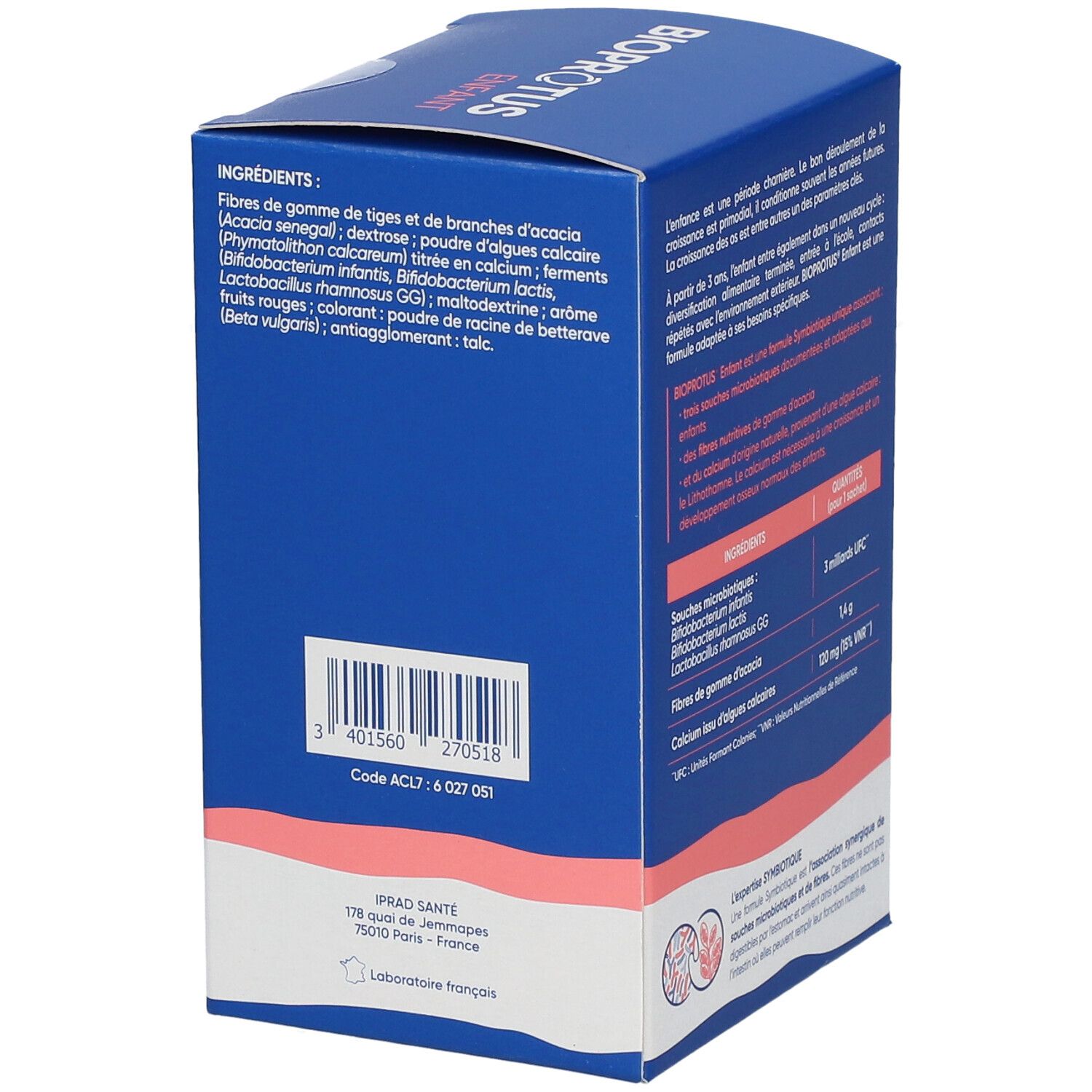 Vue latérale de la boîte bleue BIOPROTUS ENFANT. Contient ingrédients et informations nutritionnelles. Logo: PRAD SANTE.