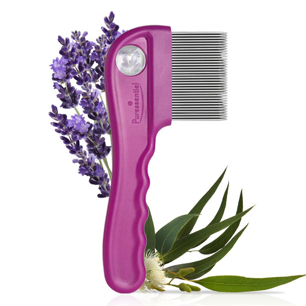 Peigne anti-poux rose avec lavande et feuilles. Marque Puressentiel, modèle TriXpert.