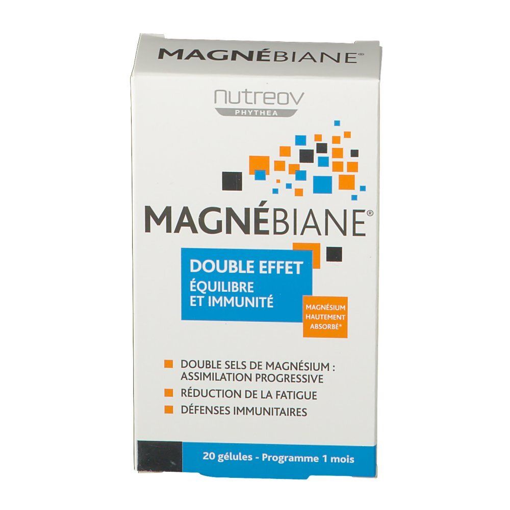 Boîte Nutreov Phythea Magnébiane® Double Effet. Blanche, avec nom du produit et accents bleus et oranges. Contient 20 gélules.