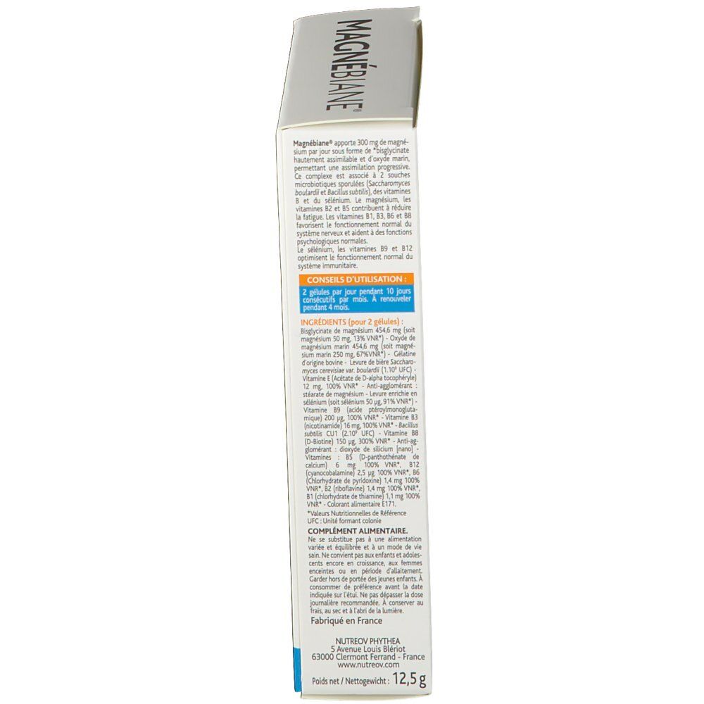 Vue latérale de la boîte Nutreov Phythea Magnébiane® Double Effet. Texte avec ingrédients et mode d'emploi. Poids : 12,5 g.