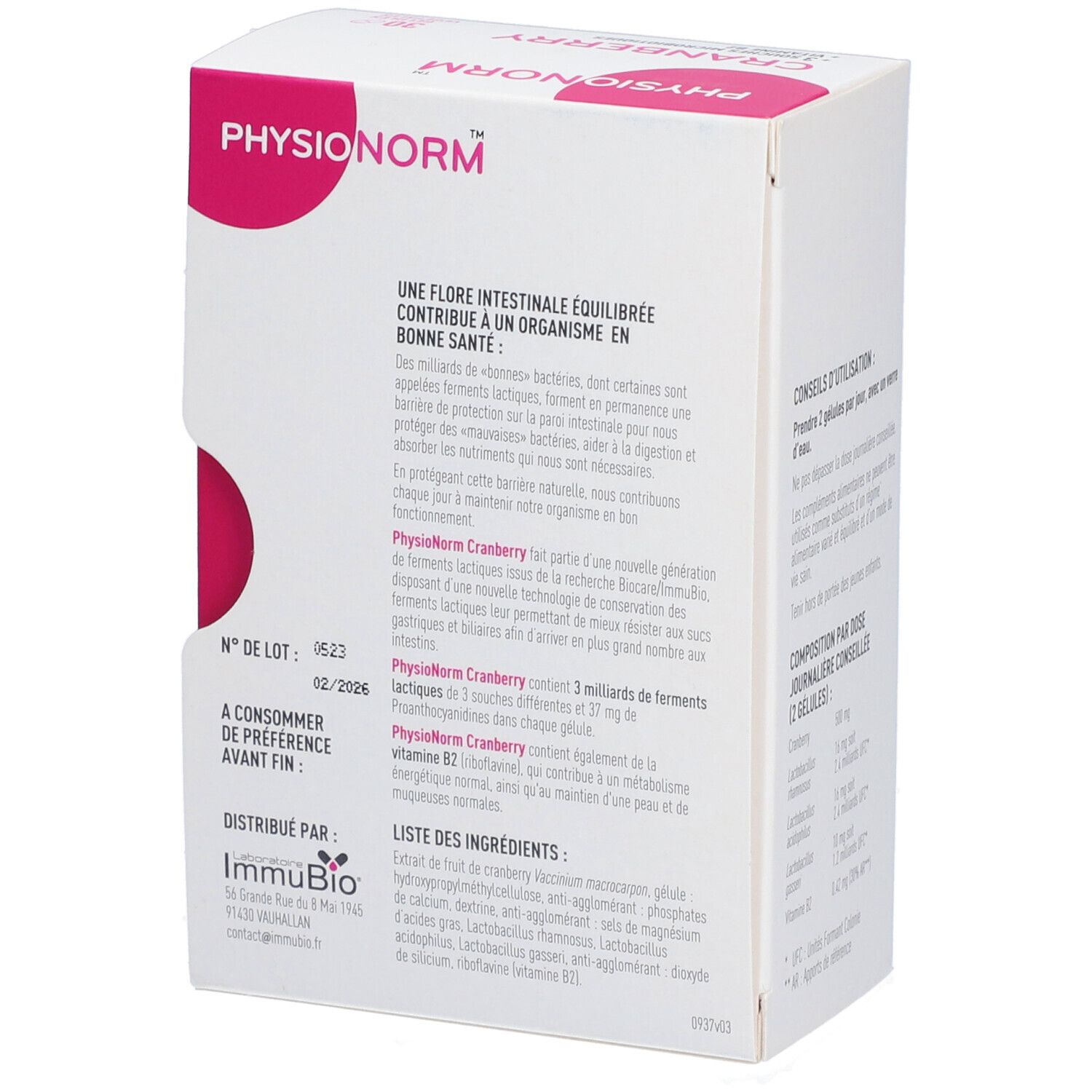PHYSIONORM CRANBERRY - Gélule, complément alimentaire aux  ferments lactiques, cranberry e