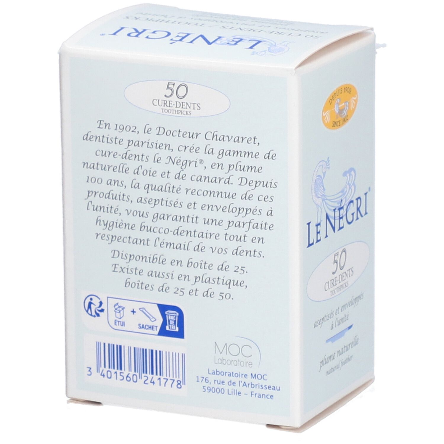 LE NÉGRI CURE - DENTS - Cure-dents en plume naturelle, stérile.  - bt 50