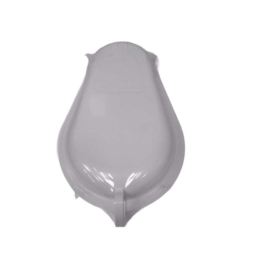 Bassin de lit gris en polypropylène avec poignée large, emballé. Vue de dessus.