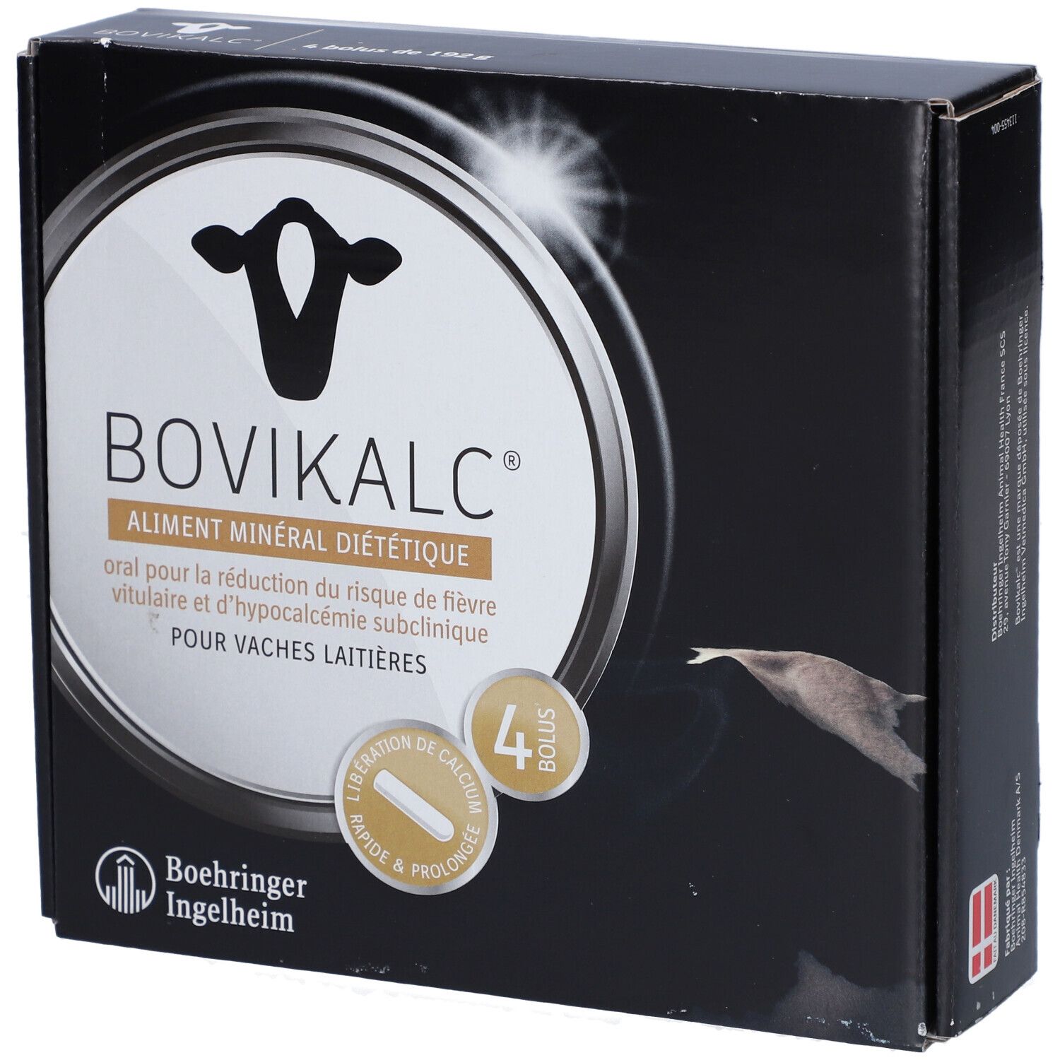 Boîte de BOVIKALC, 4 bolus. Fond noir, logo et informations produit.