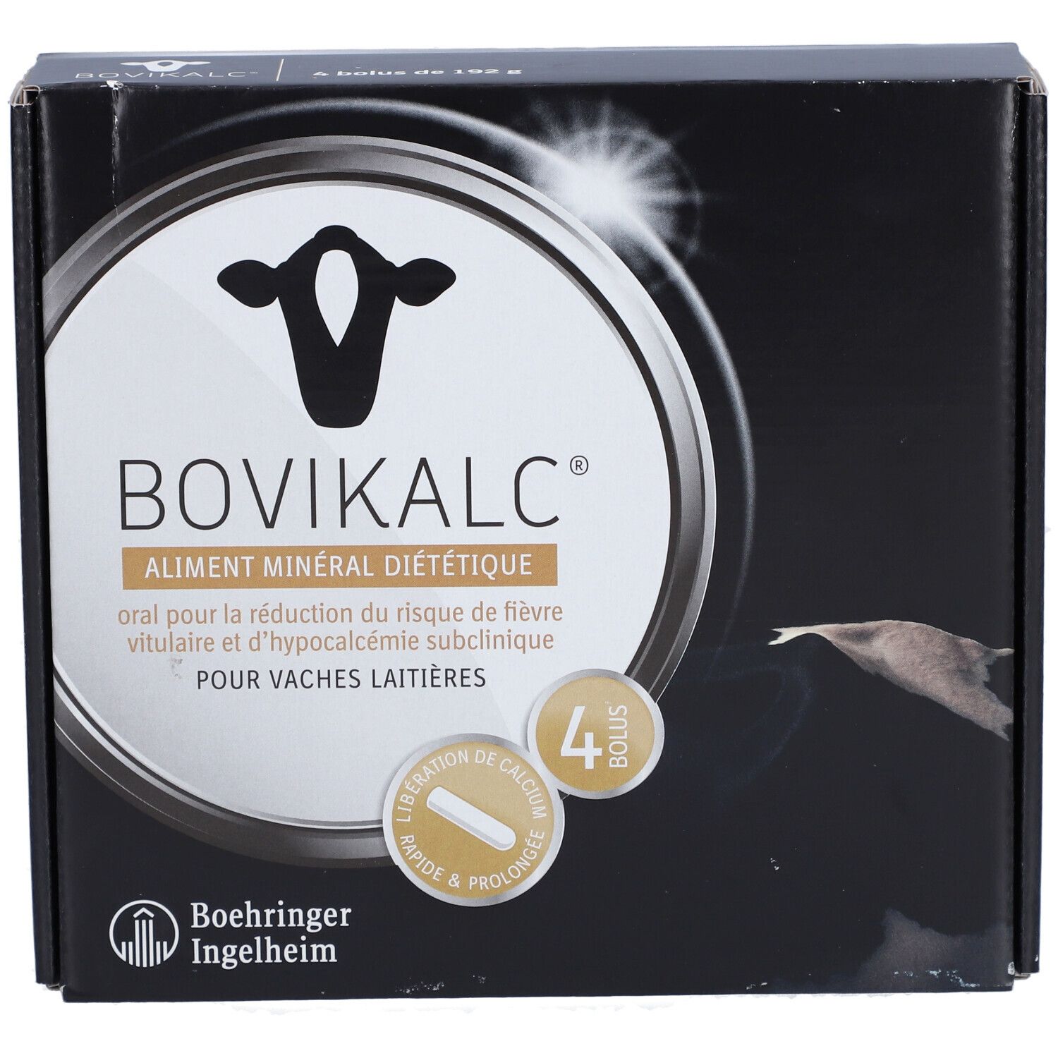 Boîte BOVIKALC, 4 bolus. Logo, nom du produit et informations sur fond noir.