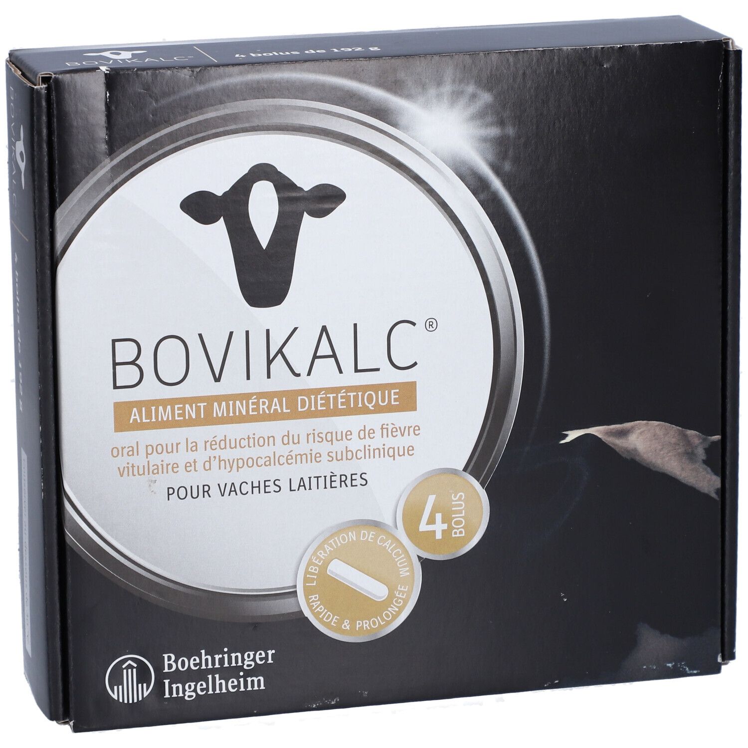 Boîte BOVIKALC, 4 bolus. Logo, nom du produit et informations sur fond noir.