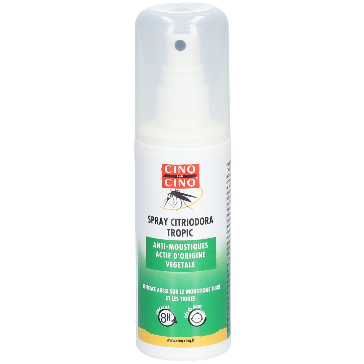 Flacon spray avec bouchon. Étiquette avec logo et texte: Spray Citriodora Tropic Anti-Moustiques. Accents verts et jaunes.