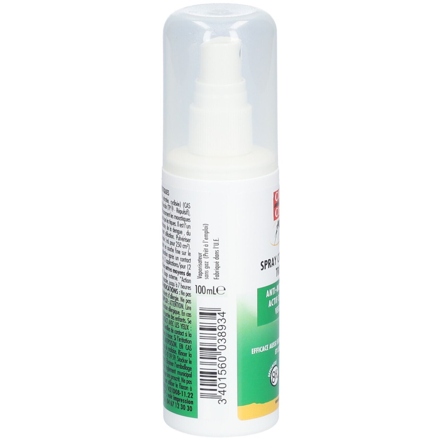 Flacon spray avec bouchon. Étiquette avec logo et texte: Spray Citriodora Tropic Anti-Moustiques. Accents verts et jaunes.