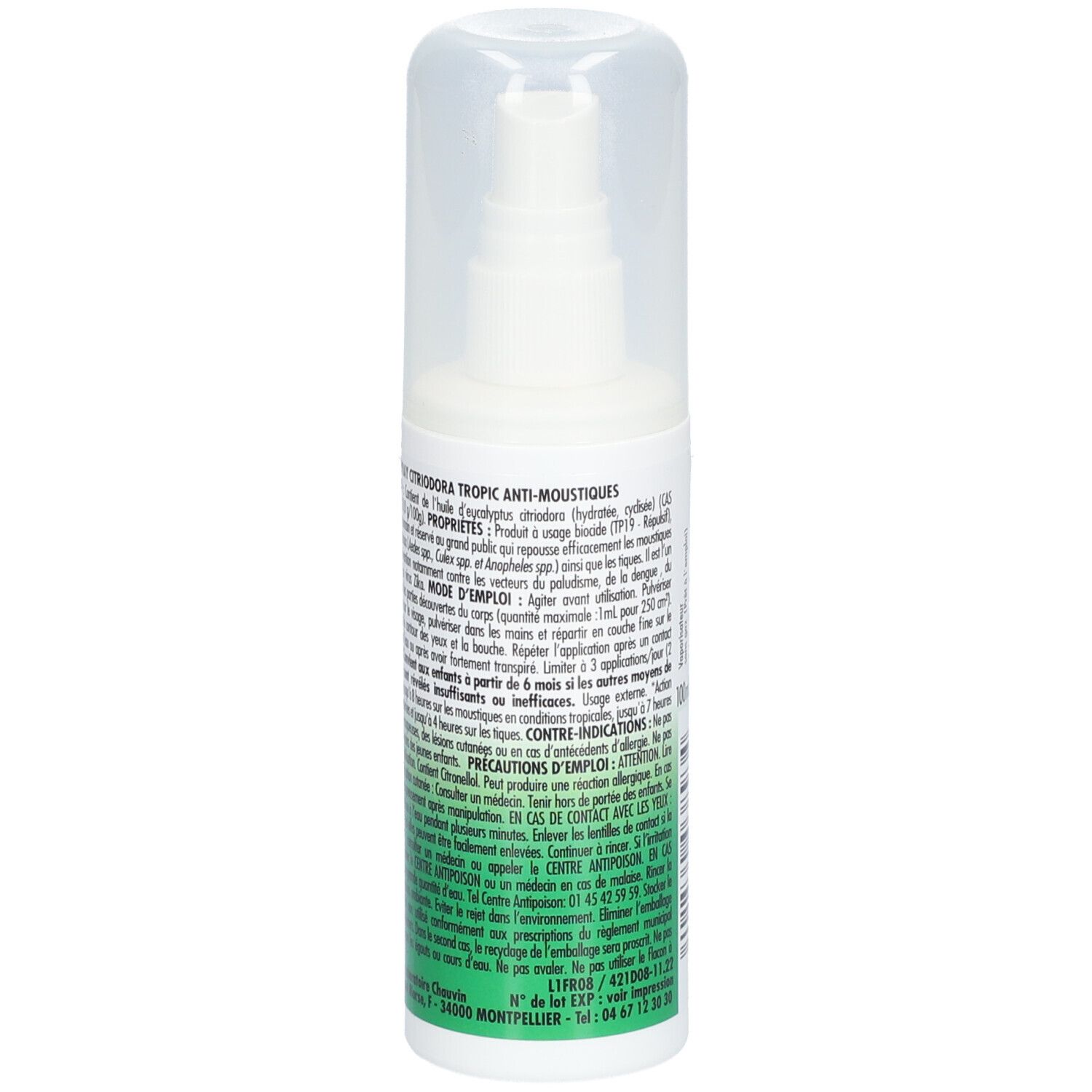 Flacon spray avec bouchon. Étiquette avec logo et texte: Spray Citriodora Tropic Anti-Moustiques. Accents verts et jaunes.