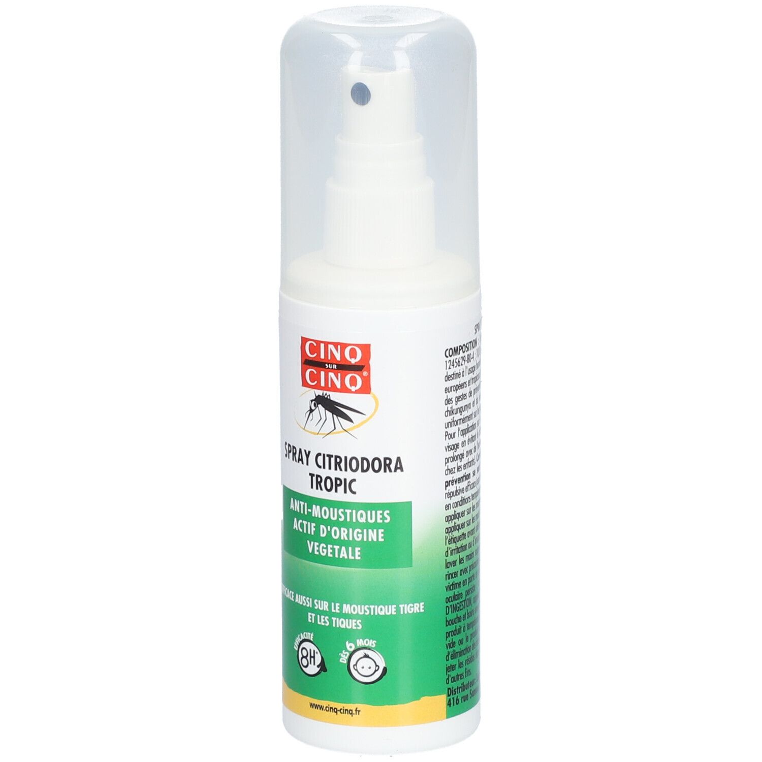 Flacon spray avec bouchon. Étiquette avec logo et texte: Spray Citriodora Tropic Anti-Moustiques. Accents verts et jaunes.