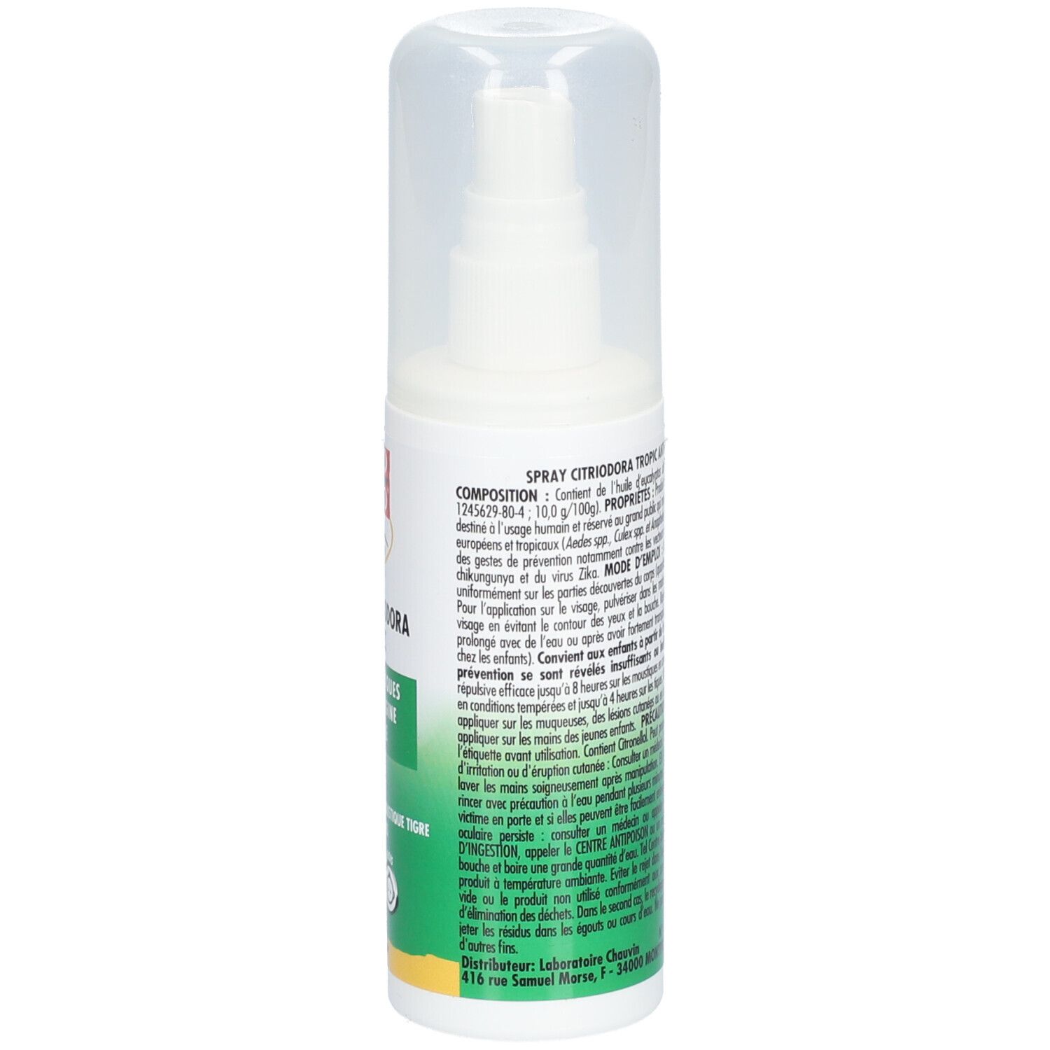 Flacon spray avec bouchon. Étiquette avec logo et texte: Spray Citriodora Tropic Anti-Moustiques. Accents verts et jaunes.