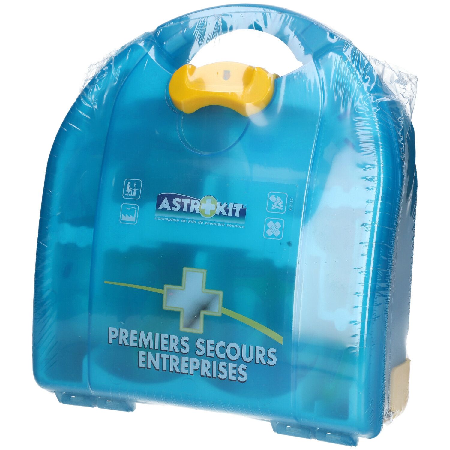 Trousse de premiers secours bleue transparente, poignée jaune. Inscription ASTROKIT, Premiers Secours Entreprises. Emballée.