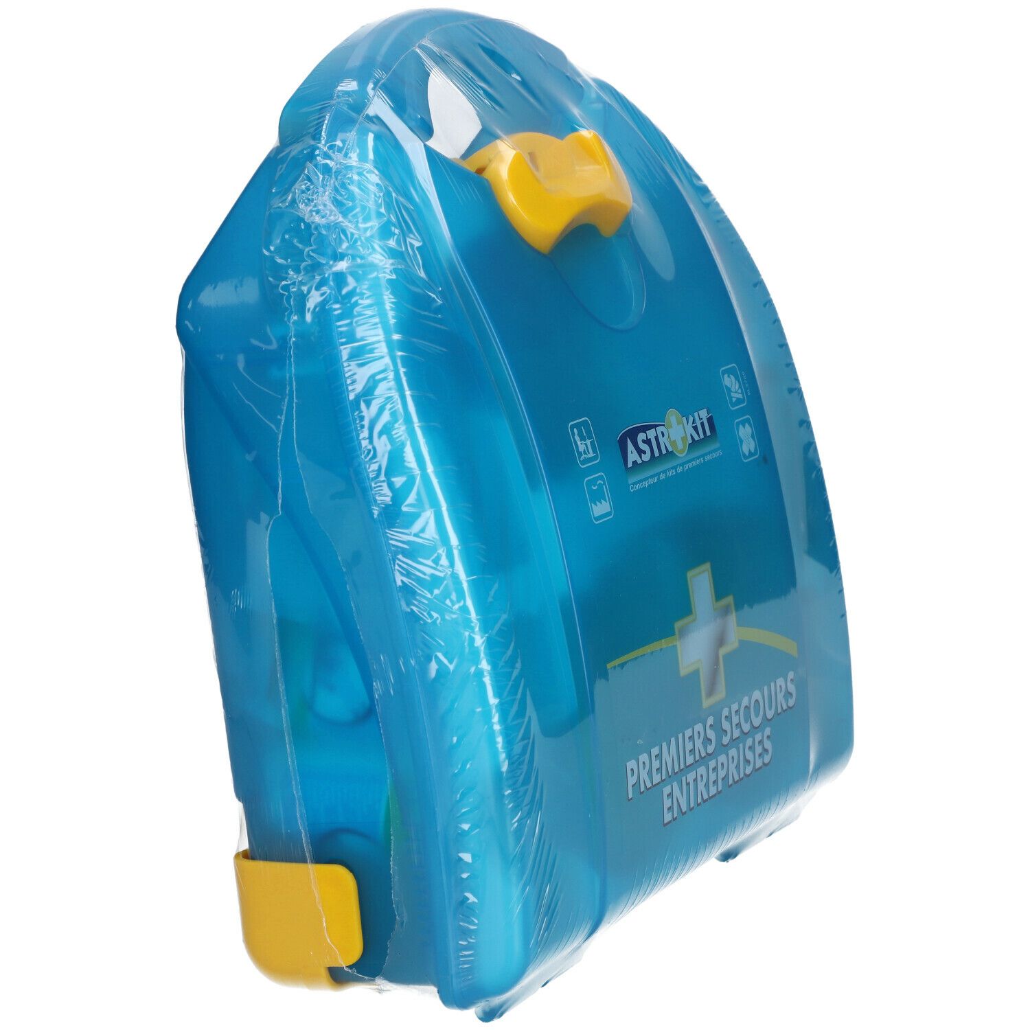 Trousse de premiers secours bleue transparente, poignée et fermoir jaunes. Inscription ASTROKIT, Premiers Secours Entreprises. Emballée.