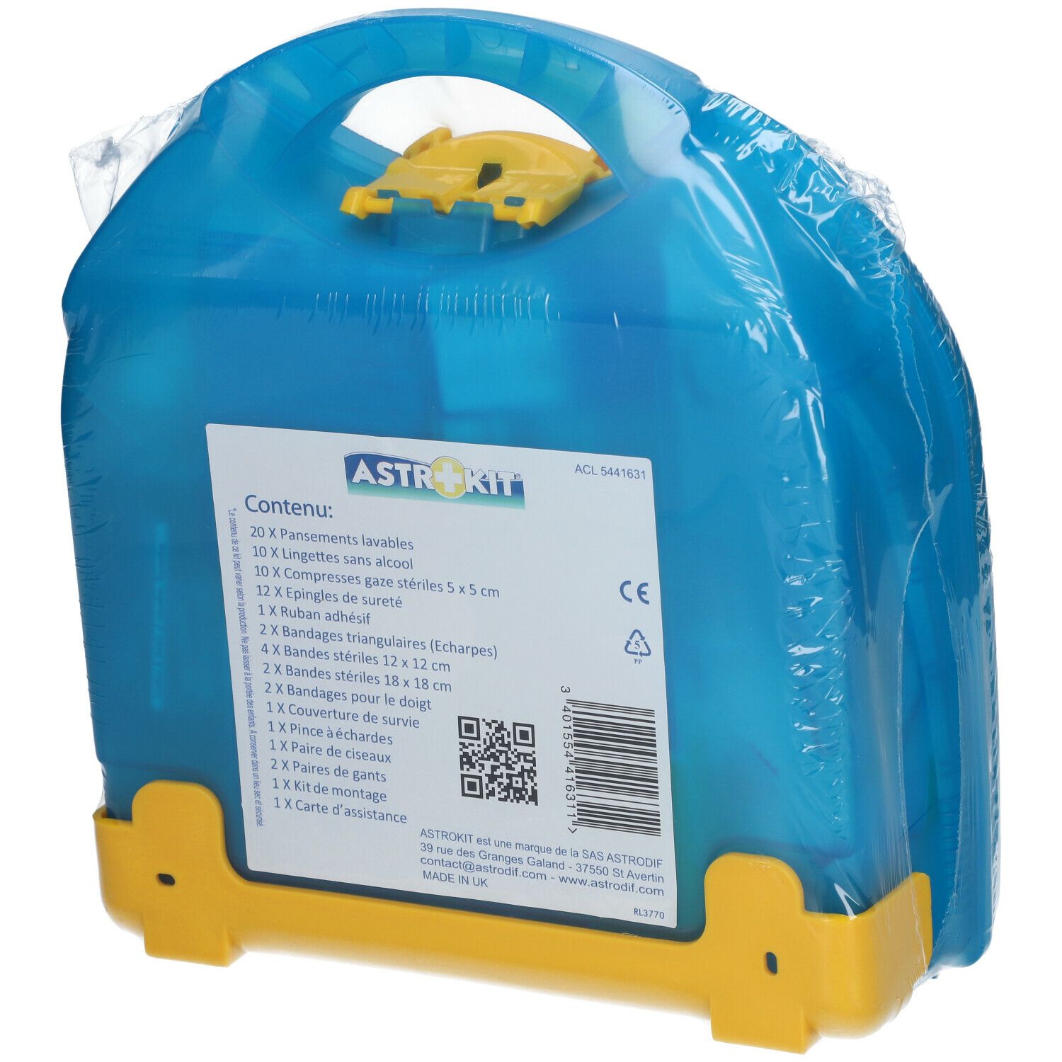 Dos de la trousse de premiers secours. Liste du contenu. Inscription ASTROKIT. Marquage CE.