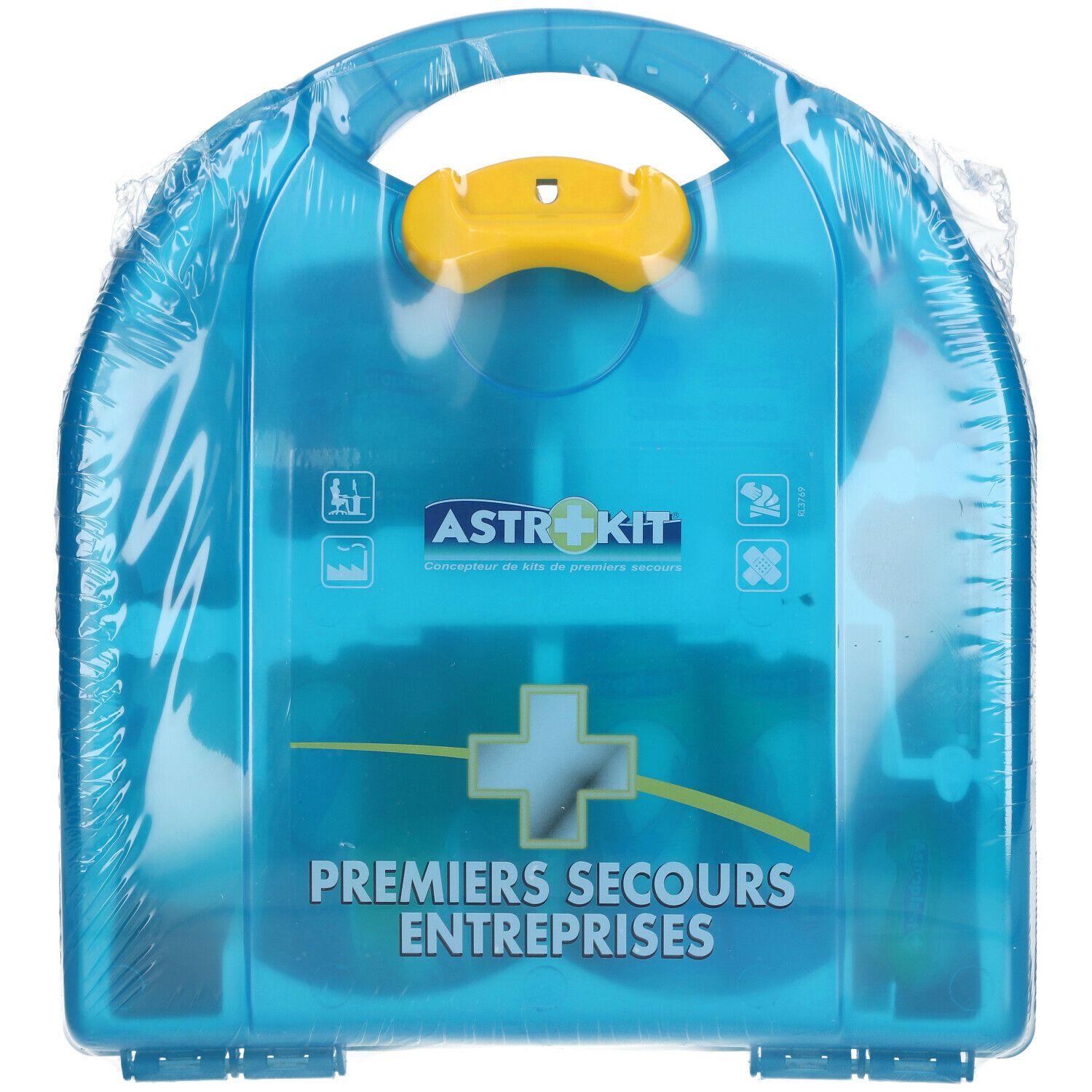 Trousse de premiers secours bleue transparente, poignée jaune. Inscription ASTROKIT, Premiers Secours Entreprises. Emballée.