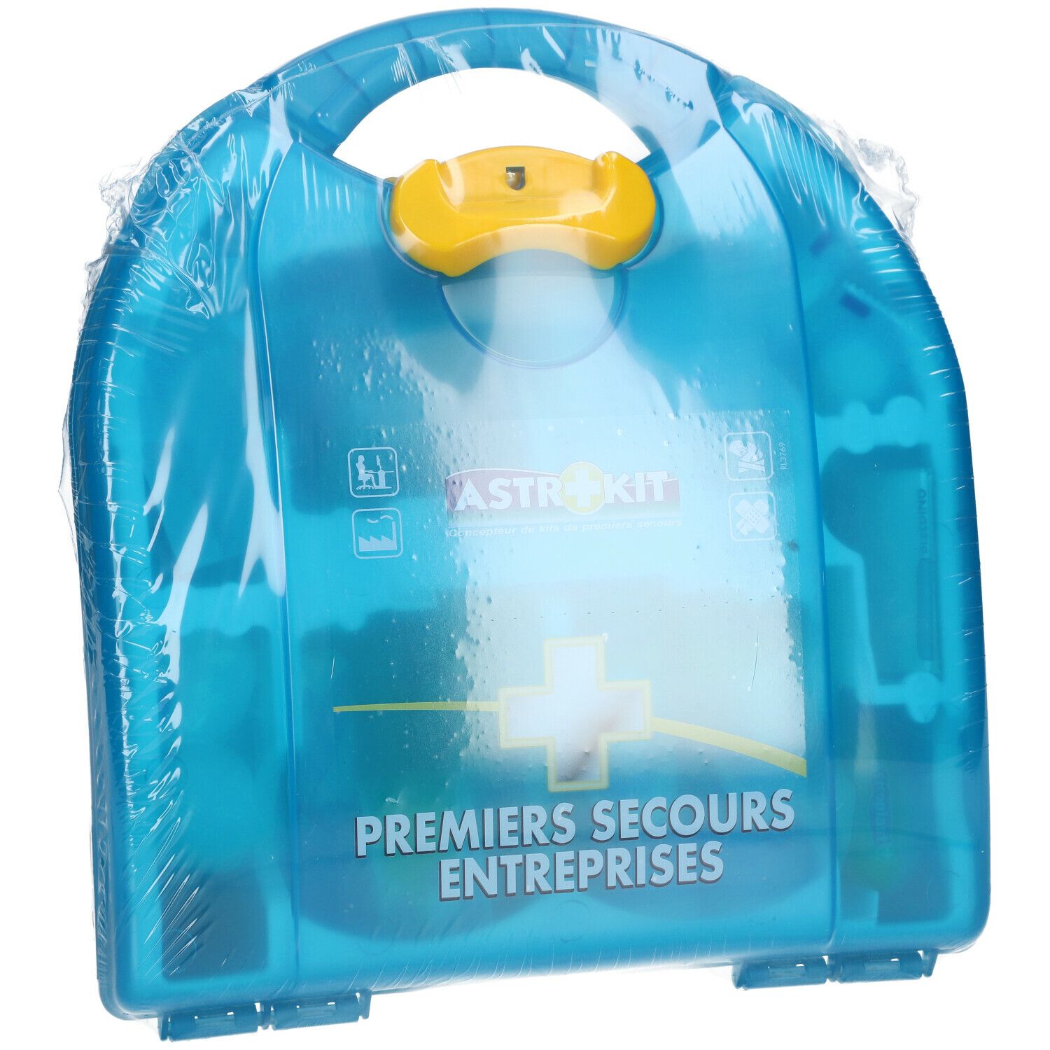 Trousse de premiers secours bleue transparente, poignée jaune. Inscription ASTROKIT, Premiers Secours Entreprises. Emballée.