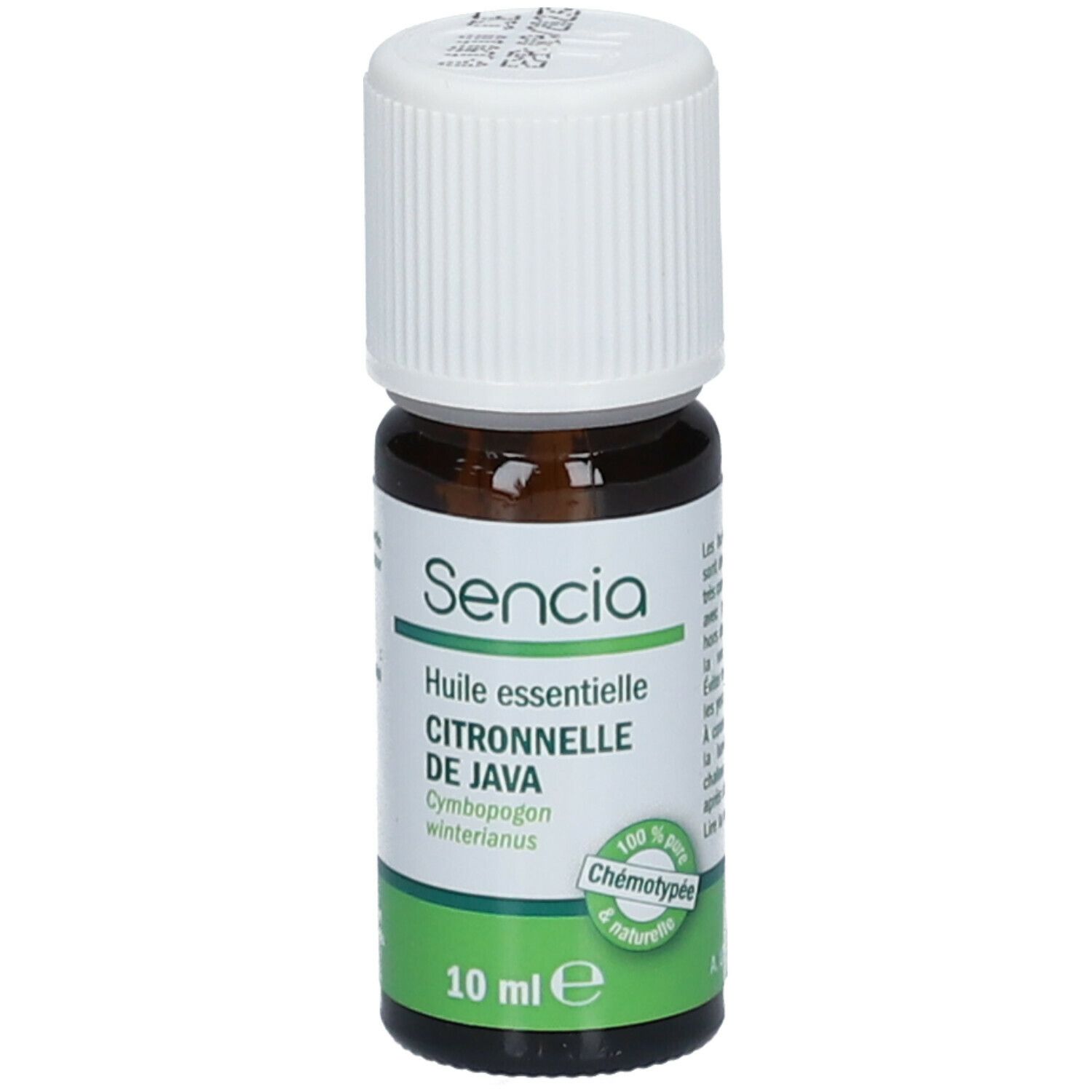 Flacon en verre brun avec bouchon blanc. Inscription: Sencia Huile essentielle Citronnelle de Java. 10 ml.