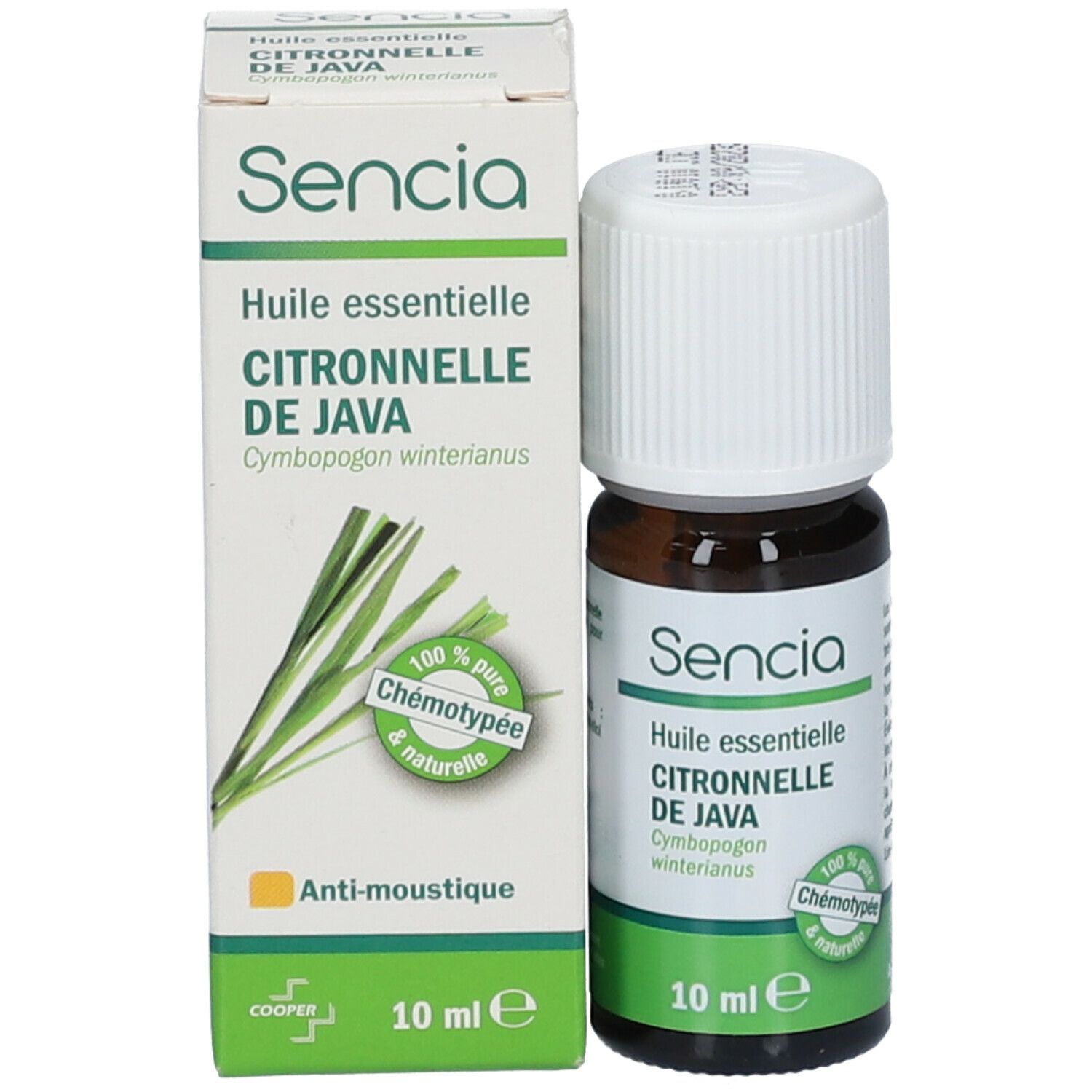 Emballage du produit avec flacon. Inscription: Sencia Huile essentielle Citronnelle de Java. 10 ml. Avec illustration de citronnelle.