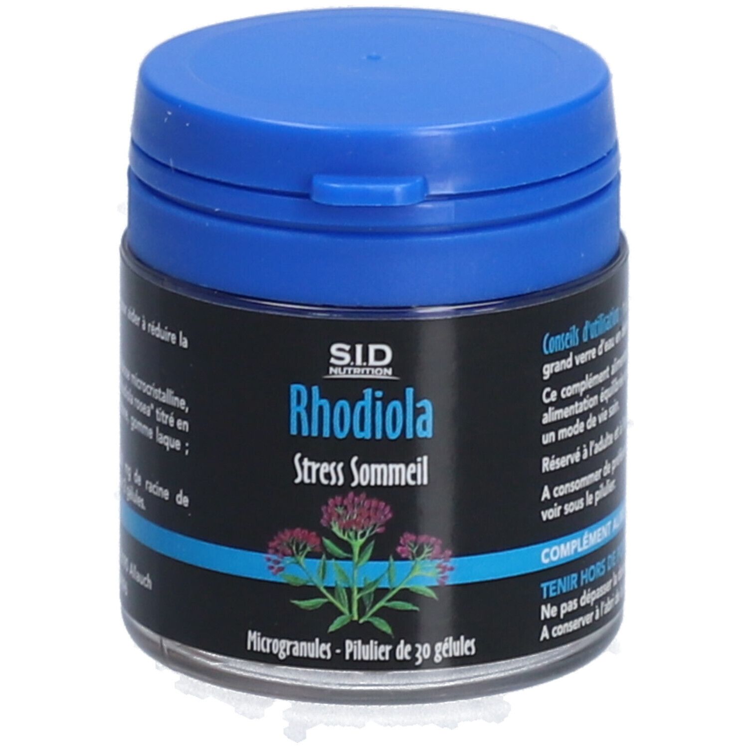 Boîte bleue avec étiquette noire. Inscription: Rhodiola Stress Sommeil. Contient 30 microgranules.