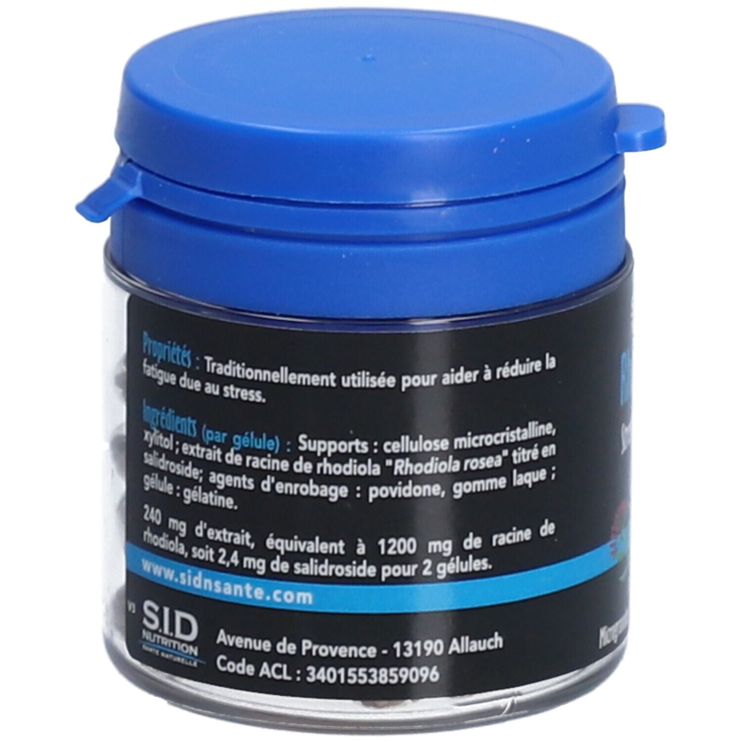 Boîte transparente avec bouchon bleu. Inscription: SID Nutrition. Contient des informations sur les ingrédients et le dosage.