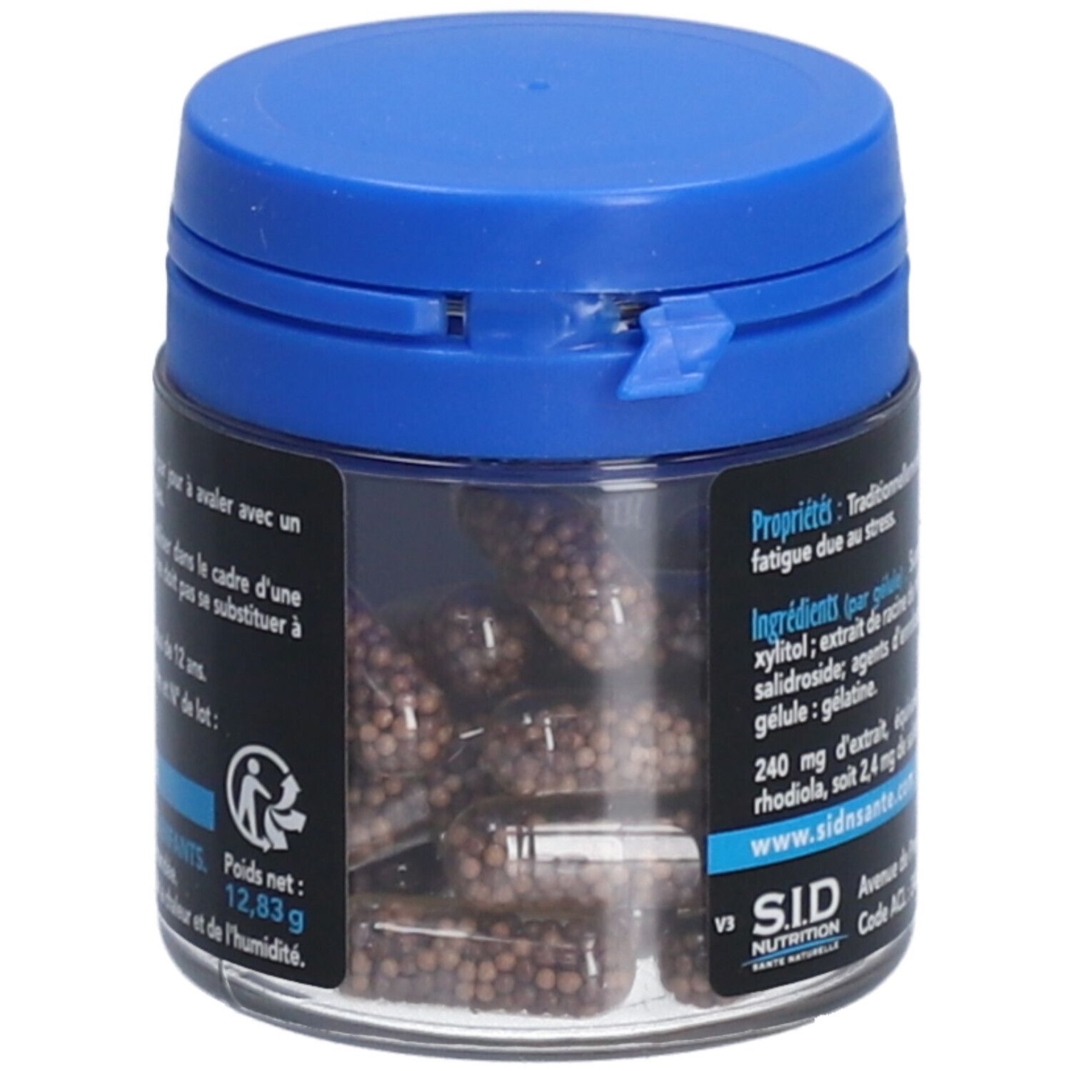 Boîte transparente avec bouchon bleu. Contient des gélules brunes. Inscription: SID Nutrition. Poids net: 12,83 g.