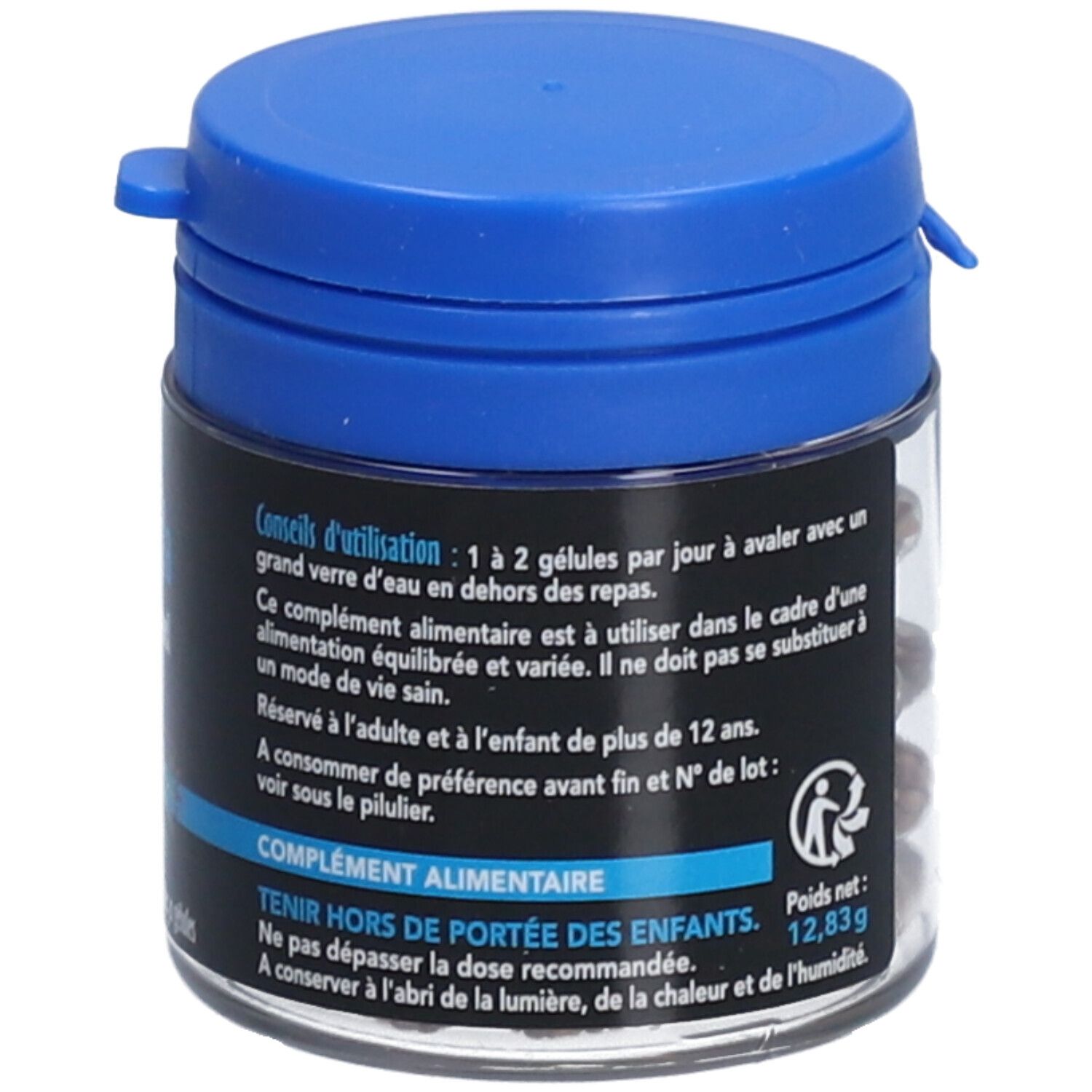 Boîte transparente avec bouchon bleu. Inscription: SID Nutrition. Contient des informations d'utilisation et des avertissements.