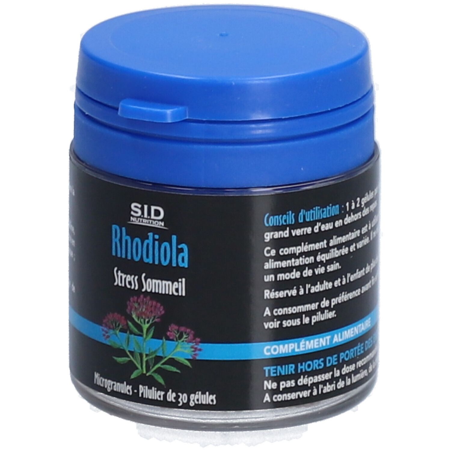 Boîte bleue avec étiquette noire. Inscription: Rhodiola Stress Sommeil. Contient 30 microgranules. Logo SID Nutrition.